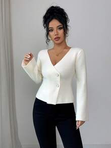 SHEIN Elenzya Fashionable Minimalist Button-Up Long Sleeve Knit Cardigan - White - View 5