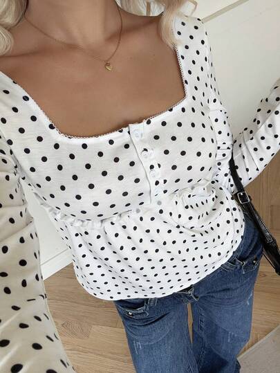 SHEIN EZwear Women's Casual White Polka Dot Square Neck Long Sleeve Fitted T-Shirt, Autumn Cute Long Sleeve Top Polka Dot Long Sleeve Top Square Neck Blouse Polka Dot Top