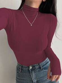 DAZY Kaos Dalam Wanita Lengan Panjang Kerah Tinggi, Hitam, Musim Semi/Panas/Gugur - Red Violet - View 5