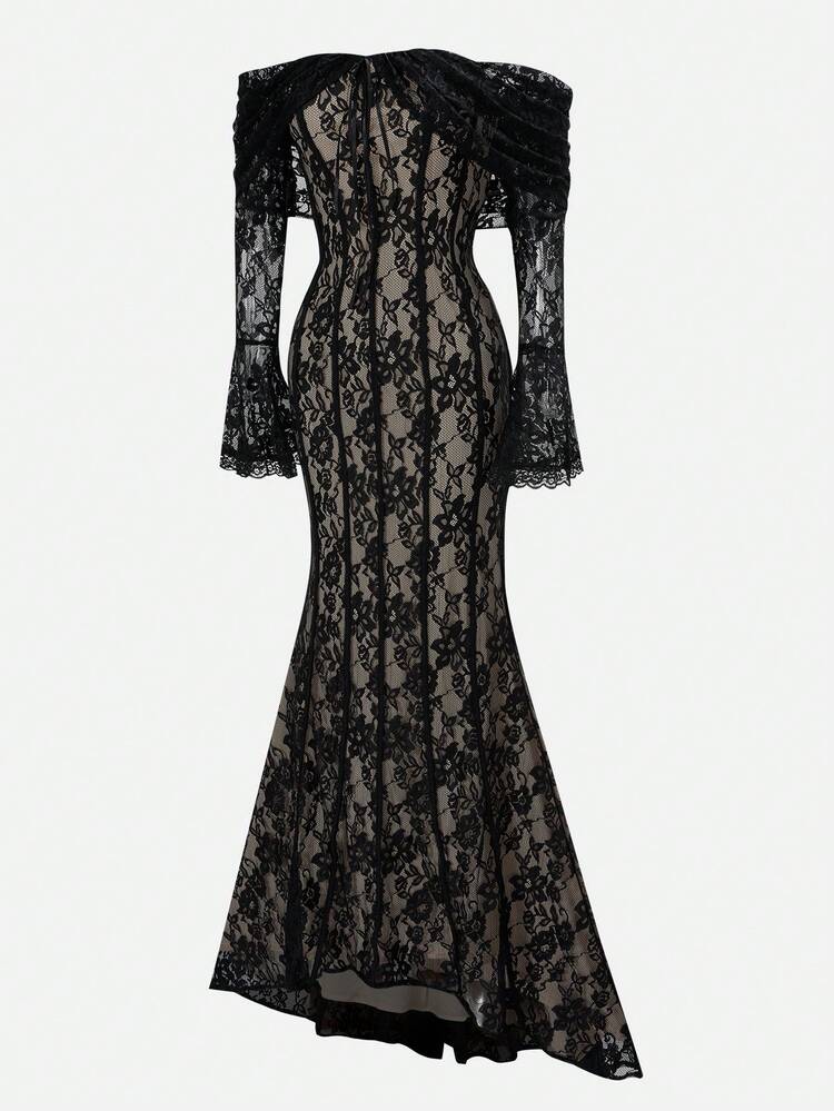 1 pieza Vestido de mujer con mangas acampanadas y hombros descubiertos de silueta ajustada - Negro - Añade 3