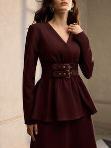 ZEYLAH 女式束腰 V 领长袖上衣和裙子两件套，秋冬 - 酒紅色 - 查看 3