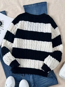 SHEIN Genkimix Kids 女童条纹拼色麻花针织 V 领灯笼袖超大套头衫，适合秋冬外出 - 黑與白 - 查看 2