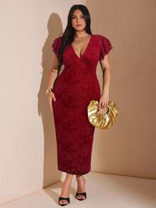 SHEIN BAE Đầm ôm sát cổ chữ V họa tiết lưới hoa cỡ lớn thanh lịch dành cho nữ, dáng dài, ôm sát, tôn dáng, thích hợp mặc hàng ngày, đi chơi, hẹn hò, tiệc trà chiều, đi nghỉ, mùa xuân/hè, mùa tựu trường dành cho nữ Đầm dự tiệc trang trọng, đầm sinh nhật dành cho nữ - Đỏ - Xem 4