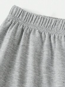 SHEIN 青少年女孩蝴蝶结印花T恤和紧身裤两件套休闲日常时尚套装 - 灰色 - 查看 4