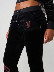 Missguided x Playboy Velvet Fit And Flare Sweatpants With Rhinestone Logo For Loungewear And Casual Wear - Black - View 4