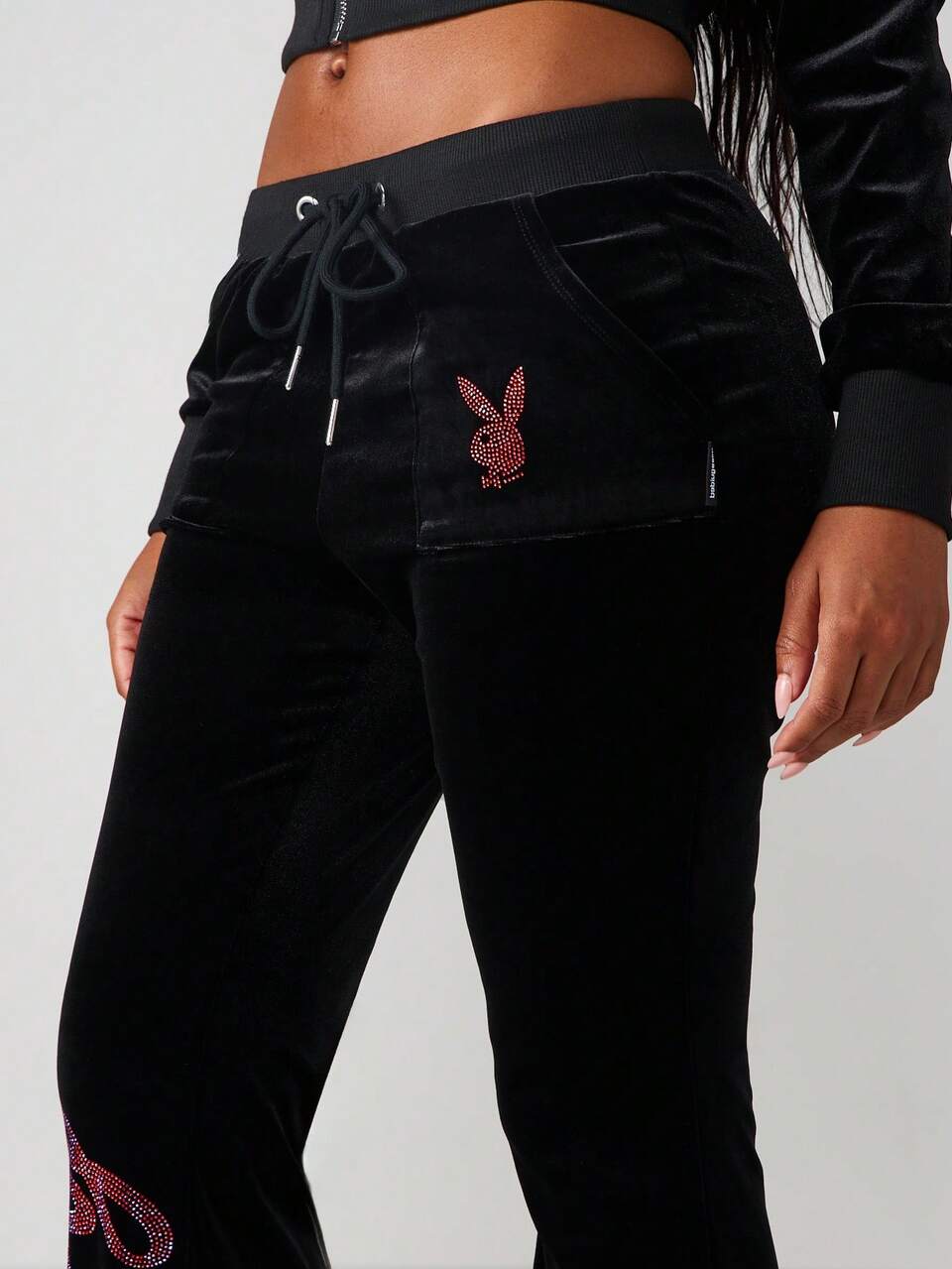 Missguided x Playboy Velvet Fit And Flare Sweatpants With Rhinestone Logo For Loungewear And Casual Wear