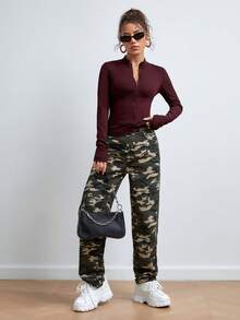 SHEIN EZwear Women's Y2K Style Zip-Up Thumb Hole Burgundy Sweatshirt, Autumn/Winter - Burgundy - View 6