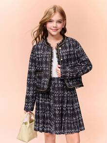 Tween Girl Plaid Contrast Mesh Frill Trim Jacket And Mini Skirt Fashion Set