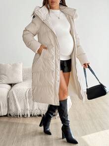 SHEIN Autumn And Winter Maternity Casual Hooded Jacket With Fur Collar, Winter Going Out Tops