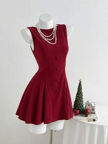 Elamini Damen Burgunderrotes plissiertes A-Linien Minikleid mit rundem Ausschnitt und ärmellos, modische taillierte Passform, vielseitig einsetzbar aus dickem Stoff, geeignet für Lässig-Outings, Dates, Geburtstage, Weihnachten, Valentinstag, süßer und niedlicher Stil, Herbst/Winter