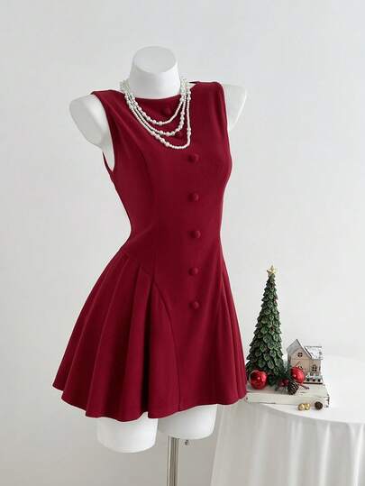 Elamini 女式勃艮第褶皱圆领无袖 A 字迷你连衣裙，时尚腰部收紧百搭百搭厚面料，适合休闲外出、约会、生日、圣诞节、情人节、可爱甜美风格，秋冬