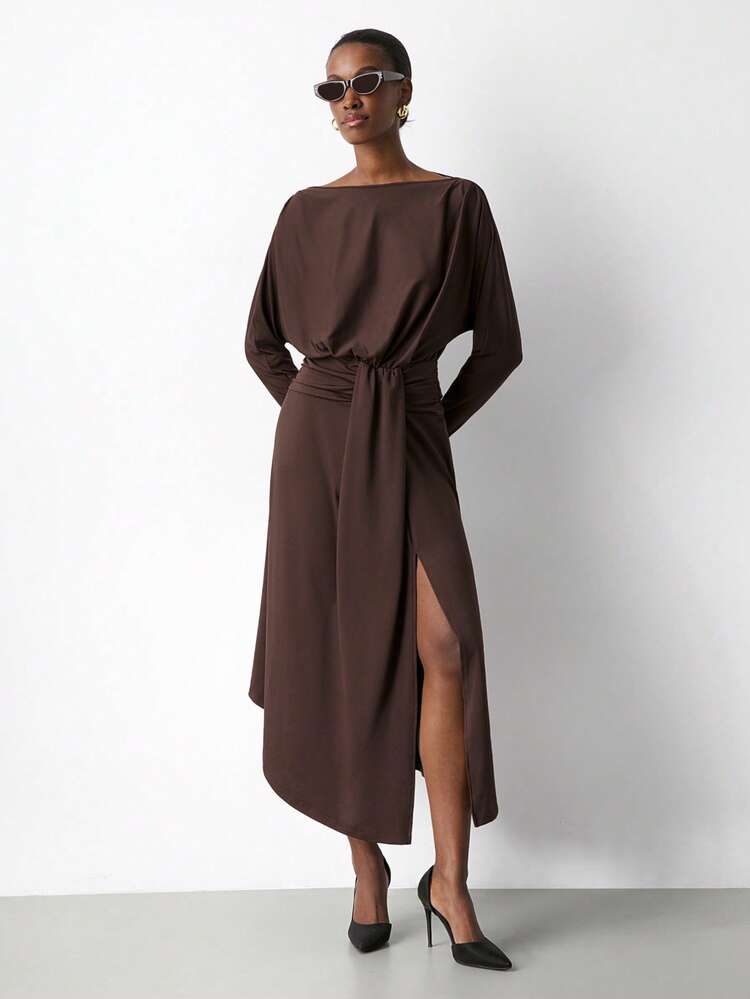 SHEIN Maija Women's Elegant Solid Color Backless Waist Cinched Slit Dress, Autumn Party Dresses For Women Elegant Dresses For Party  Brown Dress Elegant Dresses For Party Brown Dress