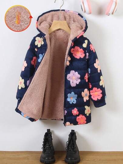 SHEIN Kurtka zimowa dla dziewczynki z zamkiem błyskawicznym, kapturem i pluszową podszewką, dla dziewczynki, płaszcz dla dziewczynki, płaszcz dla dziewczynki, kurtka zimowa dla dziewczynki, czarny płaszcz dla dziewczynki