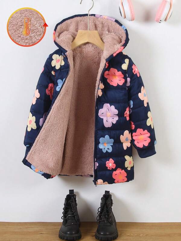 SHEIN Young Girl Zip Up Hooded Plush Lined Padded Coat Young Girl Girl Coatkids Girl Coatskids Girl Winter Jacketkids Black Coat