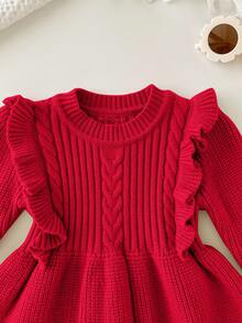 Cozy Pixies 女婴圣诞节纯色圆领荷叶边下摆长袖腰部修身针织毛衣裙秋冬装女士