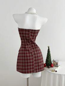 女式金属扣装饰格子抹胸 A 字迷你连衣裙 - 彩色 - 查看 2