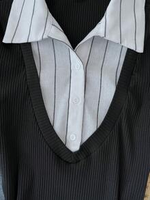 SHEIN 少女黑色针织条纹拼布高领长袖紧身衣