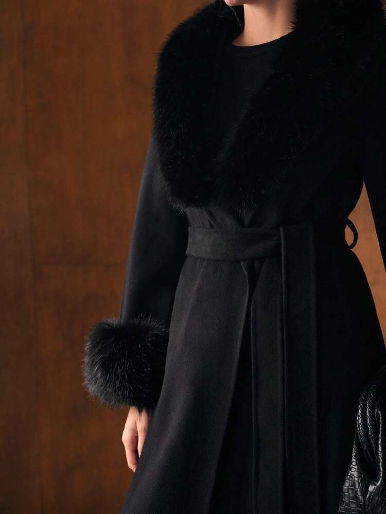Wool Collar Patchwork Long Waist Cinched Overcoat, Autumn/Winter