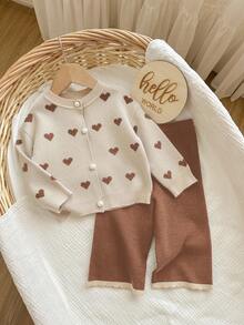 SHEIN Baby Girl Heart Pattern Long Sleeve Button-Up Knit Cardigan And Knit Pants Set Autumn Winter Clothes For Women