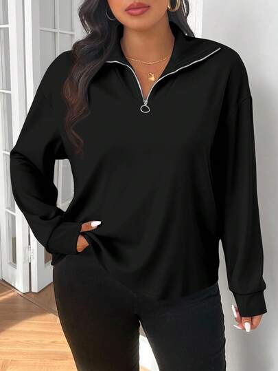 SHEIN Frenchy Plus Size Women Black Solid Color Zip Front Collar T-Shirt, Casual Autumn/Winter Long Sleeve Black Top