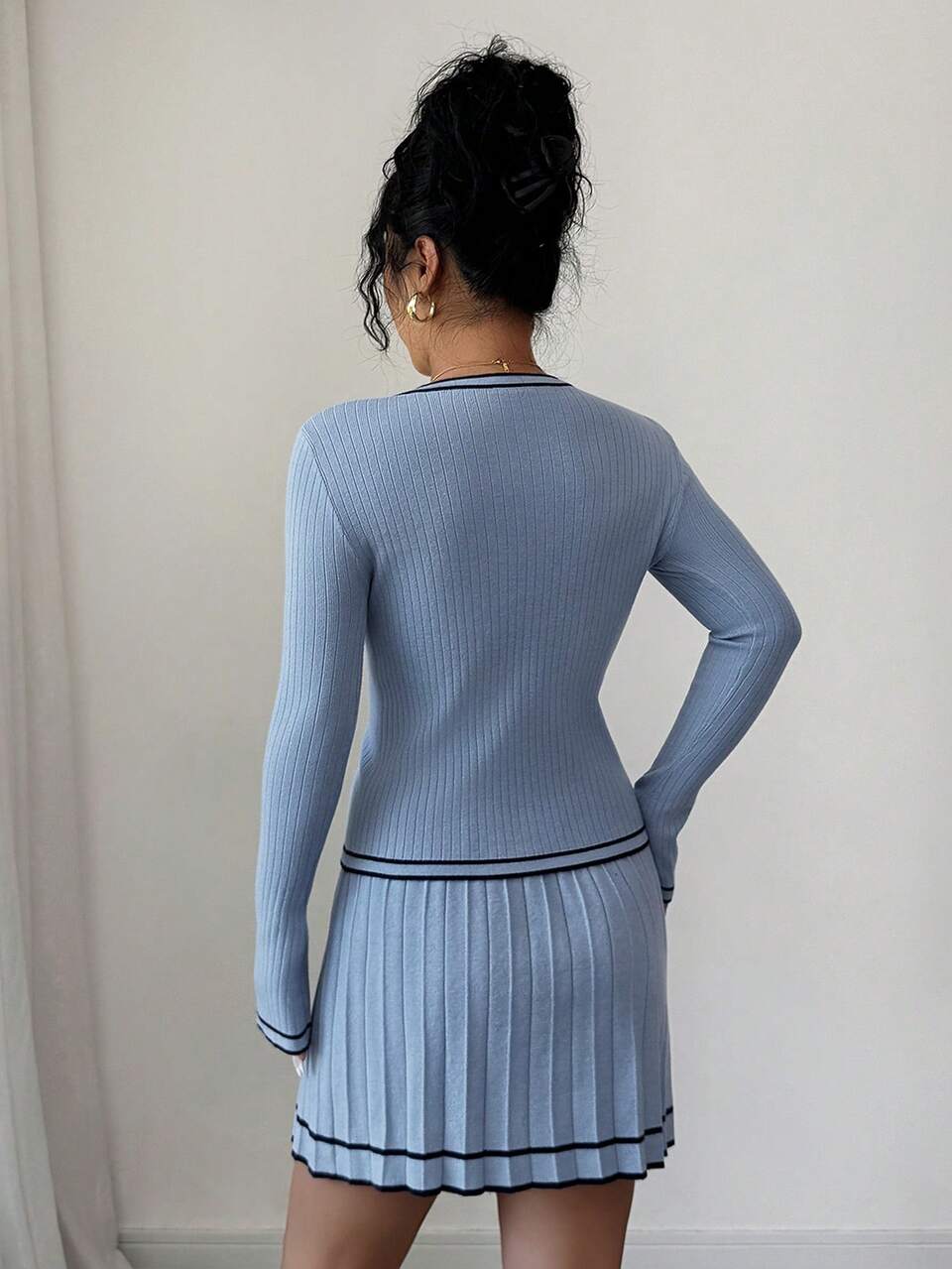 Women's Contrast Trim Button Front Long Sleeve Top And Pleated Skirt Sweater Set School