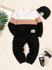 Genkimix Kids 2pcs/Set Young Boy Casual Letter Patched Solid Color Turtleneck Ribbed Long Sleeve Top And Pants Set, Suitable For Everyday Casual Outdoor Wear, Autumn/Winter