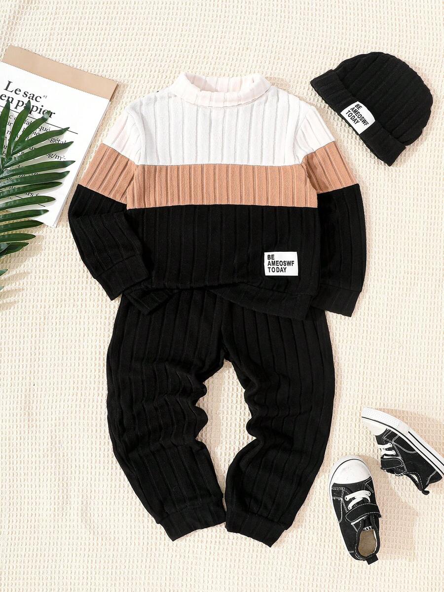 Genkimix Kids 2pcs/Set Young Boy Casual Letter Patched Solid Color Turtleneck Ribbed Long Sleeve Top And Pants Set, Suitable For Everyday Casual Outdoor Wear, Autumn/Winter