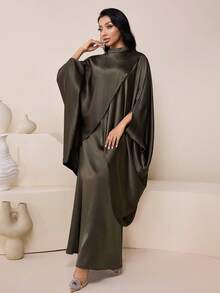 Veilorie Women's Solid Color Stand Collar Batwing Sleeve Loose Elegant Arabic Dress