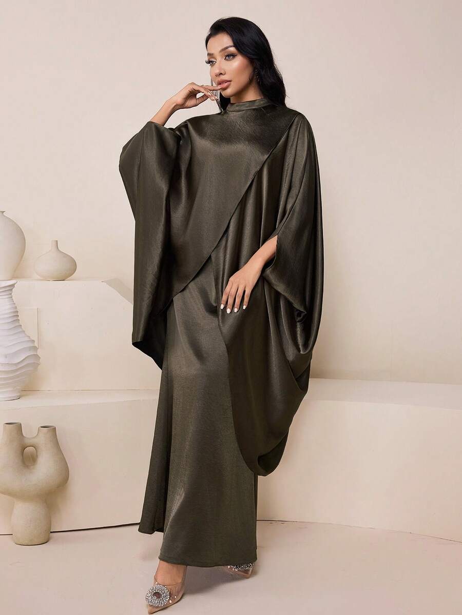 Veilorie Women's Solid Color Stand Collar Batwing Sleeve Loose Elegant Arabic Dress
