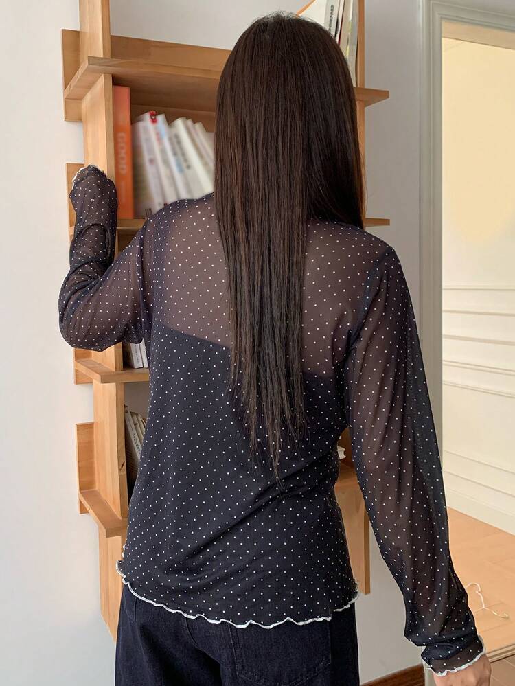 Dazy Plus Plus Size Contrast Color Patchwork Stand Collar Mesh Polka Dot Sheer Blouse T-Shirt Going Out Tops Women