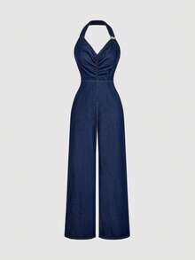 Sweetra 时尚休闲装饰纽扣挂脖牛仔阔腿连体裤 - 深色水洗藍 - 查看 4