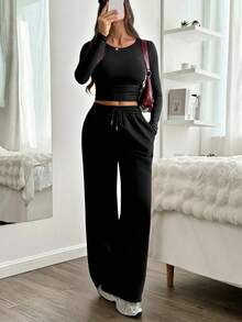 SHEIN Tall 2 件套女士纯黑色休闲家居服套装，长袖上衣和裤子，适合秋冬季，高码 - 黑色 - 查看 9