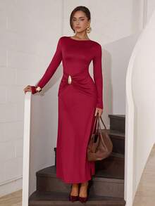 Modelyn Women's Elegant Solid Color Dress For Commuting - Burgundy - View 7