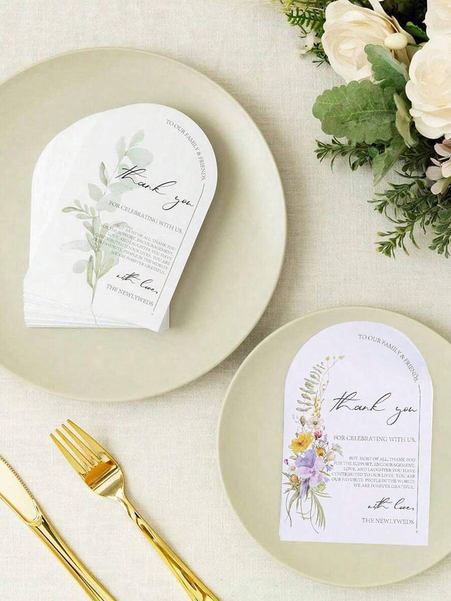 50pcs/100pcs  Floral Thank You Cards, Suitable For Wedding, Reception, Rehearsal Dinner, Party, Event & Celebration Tabletop, Essential For Wedding Gift - Multicolor - View 1