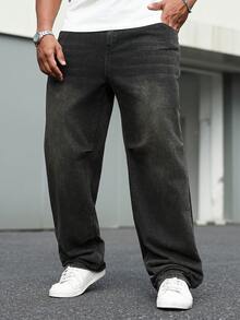 Manfinity Homme Plus Size Men's Casual Loose Fit Pockets Denim Jeans Men Baggy Black Jeans