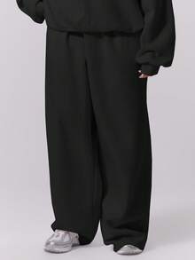 MUSERA Pantalones jogger de talla grande con cintura elástica y pierna recta de felpa, invierno, lindo, para uso diario, casual, Coffee Club Curve - Negro - Ver 2