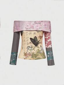 ROMWE Avant Vintage Chinese Style Floral & Butterfly Pattern Color Block Off Shoulder Women T-Shirt - Multicolor - View 1