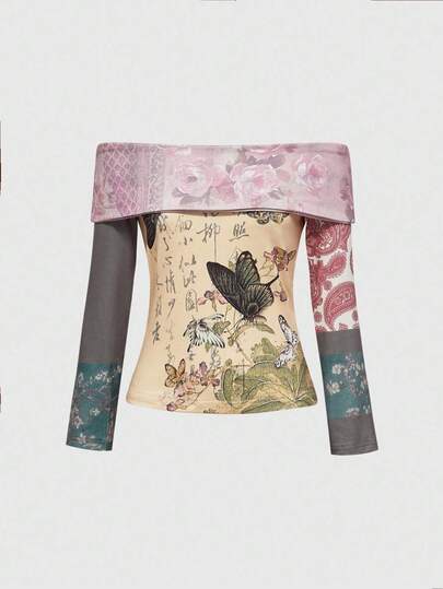 ROMWE Avant Vintage Chinese Style Floral & Butterfly Pattern Color Block Off Shoulder Women T-Shirt