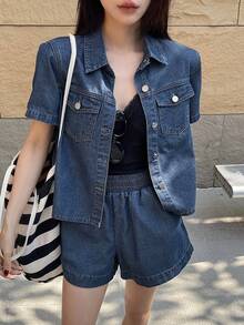 DAZY Short Sleeve Loose Pocket Denim Shirt And Shorts Set For Women - Dark Wash - View 3