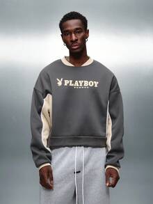 PLAYBOY X SUMWON Crop Fit Bunny Logo Pullover Sweatshirt With Contrast Sleeves And Ribbed Cuffs - Grey - View 5