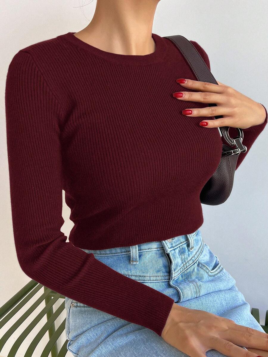 DAZY Stylish Red Knitwear Round Neck Rib-Knit Long Sleeve Sweater For Women Casual Wear - Red - View 1