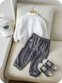 SHEIN 2pcs/Set Baby Boys Thermal Lined Outfit - White Crew Neck Sweatshirt With 3D Letter Graphic And Knit Jogger Pants, Comfortable Casual Daily Wear, Suitable For Indoor, Outdoor, Sports, Party, Festival, Streetwear, Autumn/Winter Baby Boys Outfit Baby Set Autumn Winter Season Baby Boy Clothes White Baby Boy Casual Set