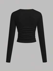 SHEIN Girlism Teen Girls Buy 1 Get 2 Free 3pcs/Set Black, Grey, White Solid Color Minimalist Round Neck Waist Ruched Long Sleeve T-Shirts, Casual Minimalist Design With Logo Print Detail