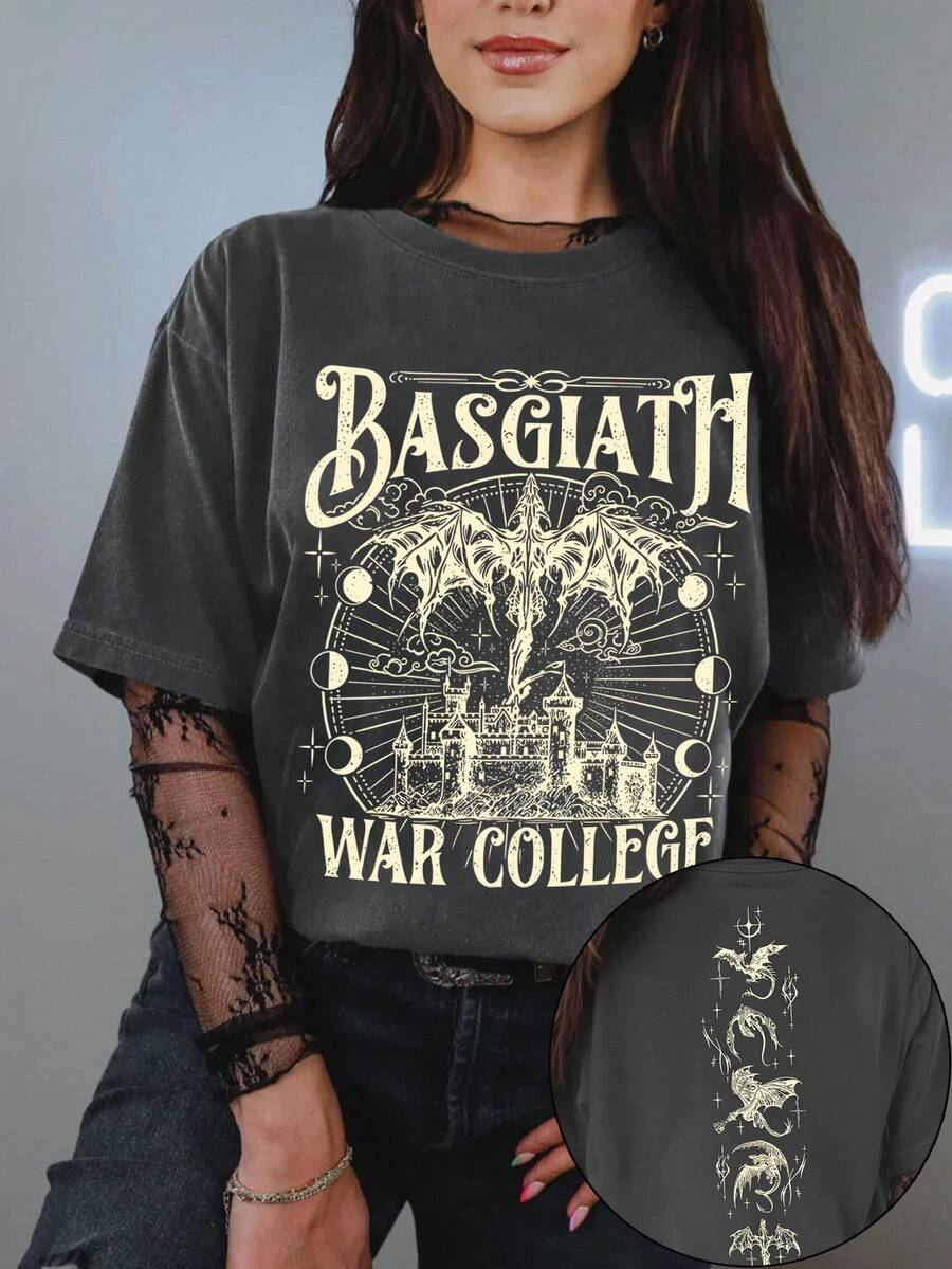 EMERY ROSE Basgiath War College - Fantasy Motif Black T - Shirt ,Casual Print,Comfortable And Versatile,Letter Pattern Pure T-Shirt,Unisex Style - Black - View 1