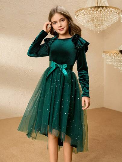 Tween Girl Elegant Graceful Velvet Long Sleeve Dress, Featuring Pearl Cinched Waist, Double Layer Star Mesh Skirt, Emerald Green