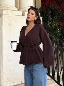 Siren Gaze 新款秋冬棕色女士开衫，时尚休闲纯色系带宽松开衫，秋季女士毛衣，保暖毛衣，绒面毛衣 - 棕色 - 查看 4