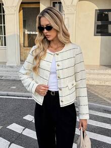 SHEIN Frenchy 黑白條紋秋季優雅辦公百搭長袖羊毛混紡女款大衣，適合通勤，冬季新年穿搭 - 黑與白 - 查看 1