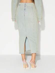 KIZN 女式修身浅色水洗牛仔铅笔裙，后拉链中长款高腰修身休闲春夏 - 彩色 - 查看 2