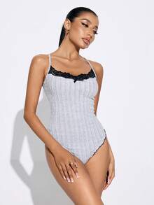 SHEIN SXY 女士撞色蕾丝蝴蝶结装饰无袖紧身衣 - 灰色 - 查看 5