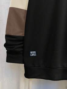 SHEIN 2 件套青少年男童休闲拼布撞色圆领运动衫和慢跑裤套装，适合秋季、冬季、学校、家居、日常、运动、生日派对、郊游，百搭百搭保暖内衬 - 黑色 - 查看 6
